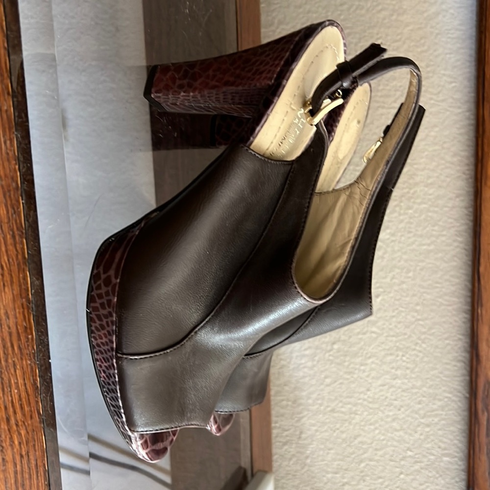 Naturalizer dark brown leather platform heels with open heel straps.  Size 5M.